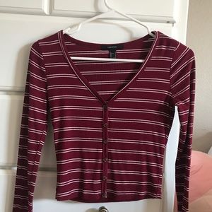 Forever21 Red/White Stripped Ribbed Crop Cardigan